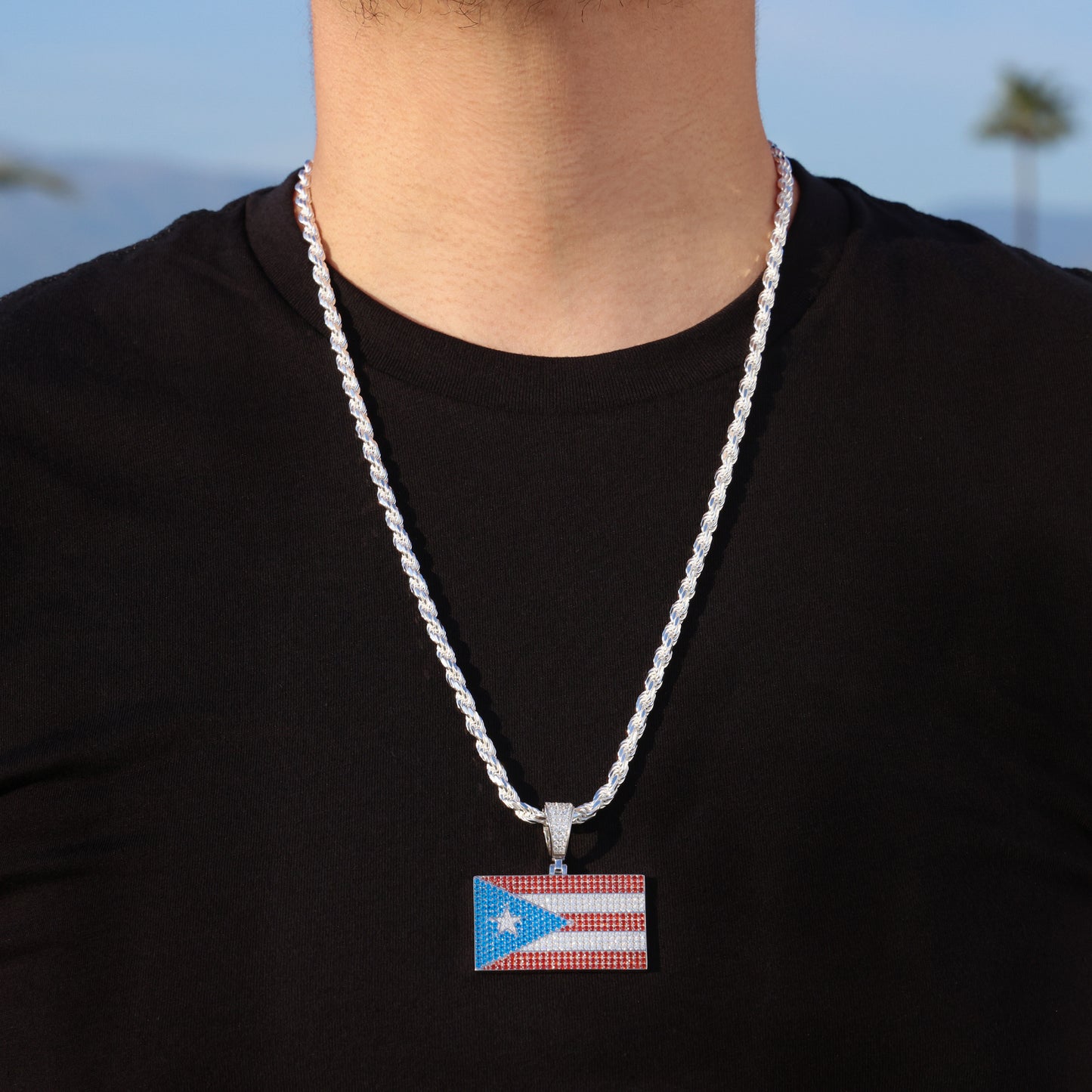 Iced Out Puerto Rico Flag Pendant - 925 Silver