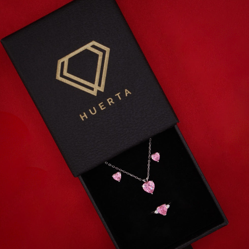 Pink Heart CZ Ring + Necklace + Earrings Set - 925 Silver