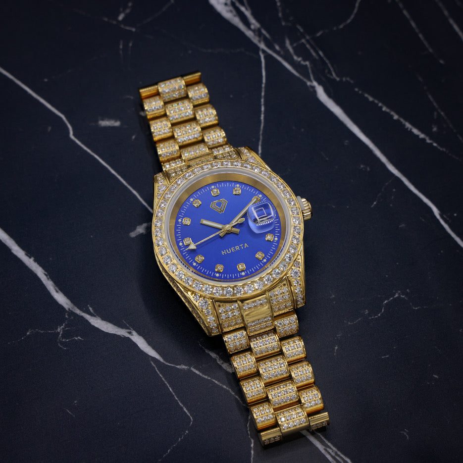 Iced Blue Dial Huerta Watch - Gold