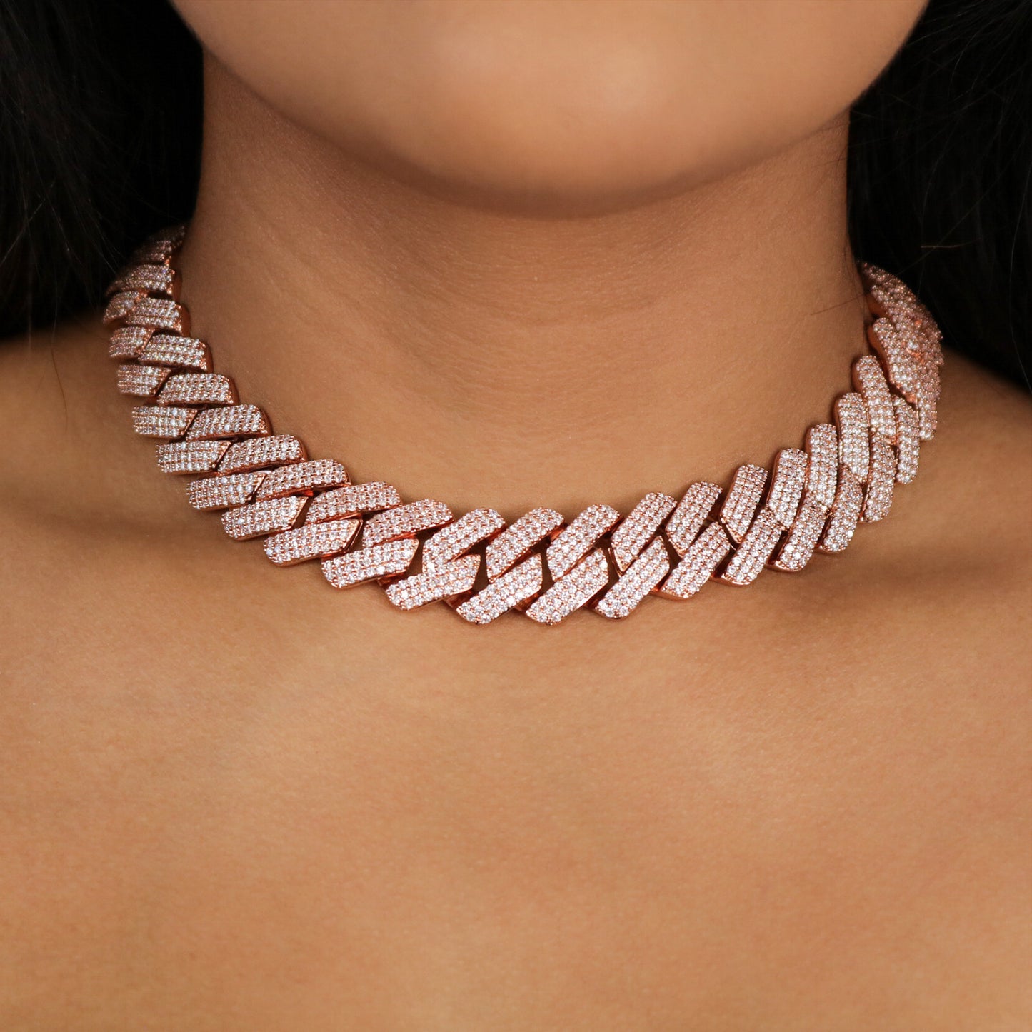 19mm Diamond Prong Link Cuban Necklace - Rose Gold