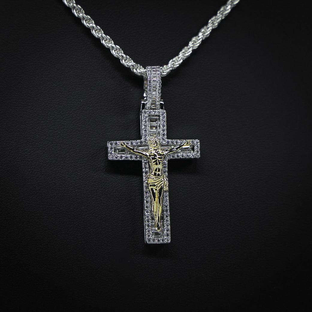 Iced Baguette Crucifix Pendant (2 Tone) - 925 Silver