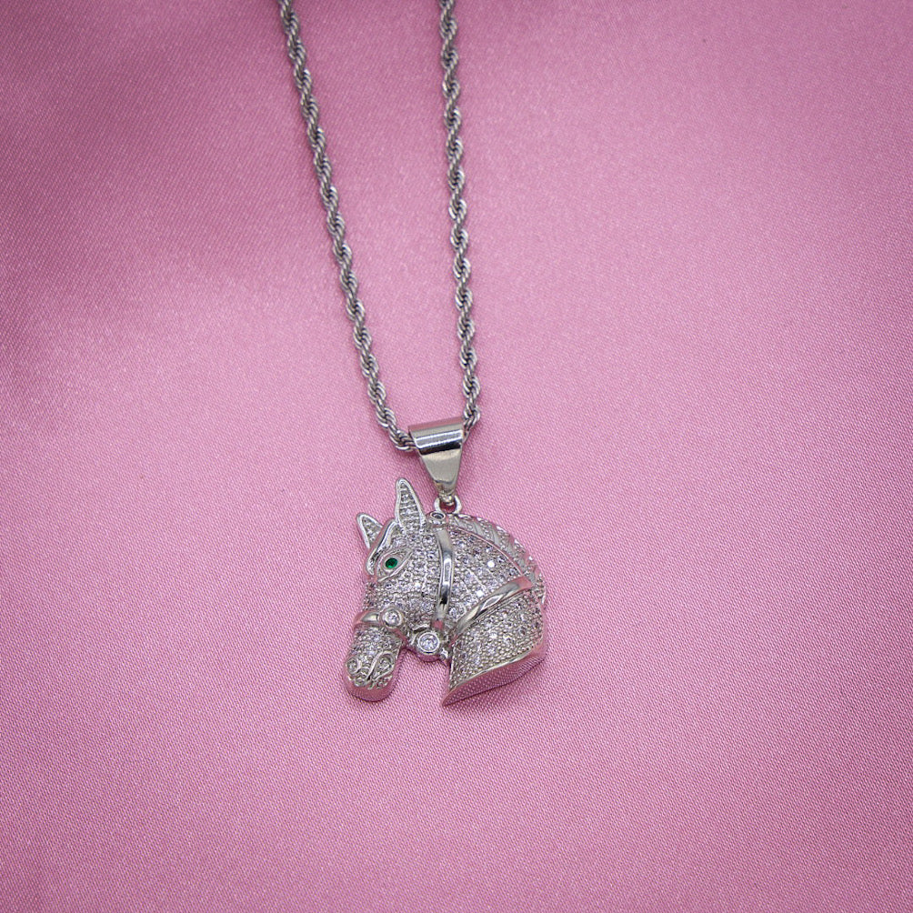 Icy Horse Head Necklace - White Gold