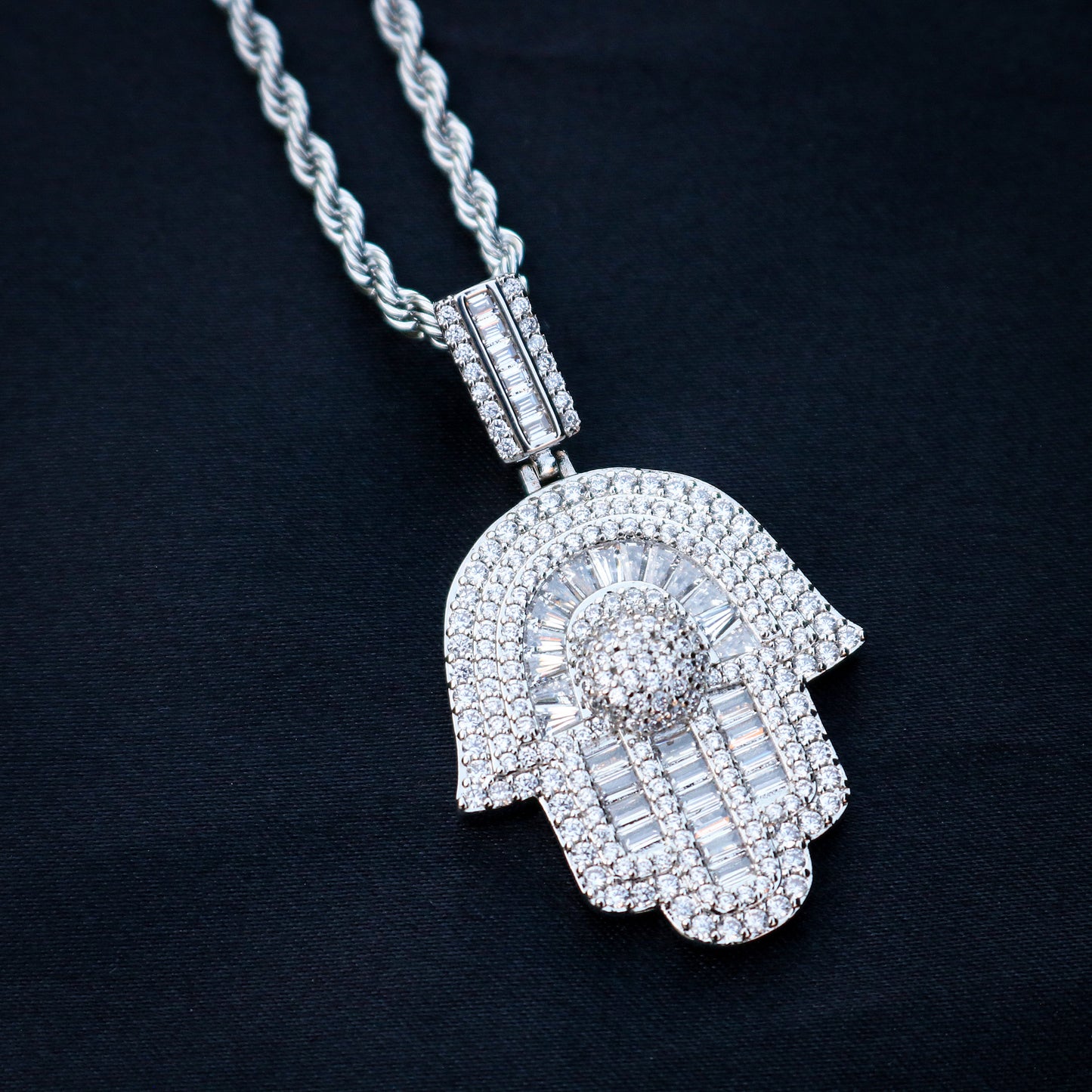Iced out Hamsah Baguette Pendant - White Gold