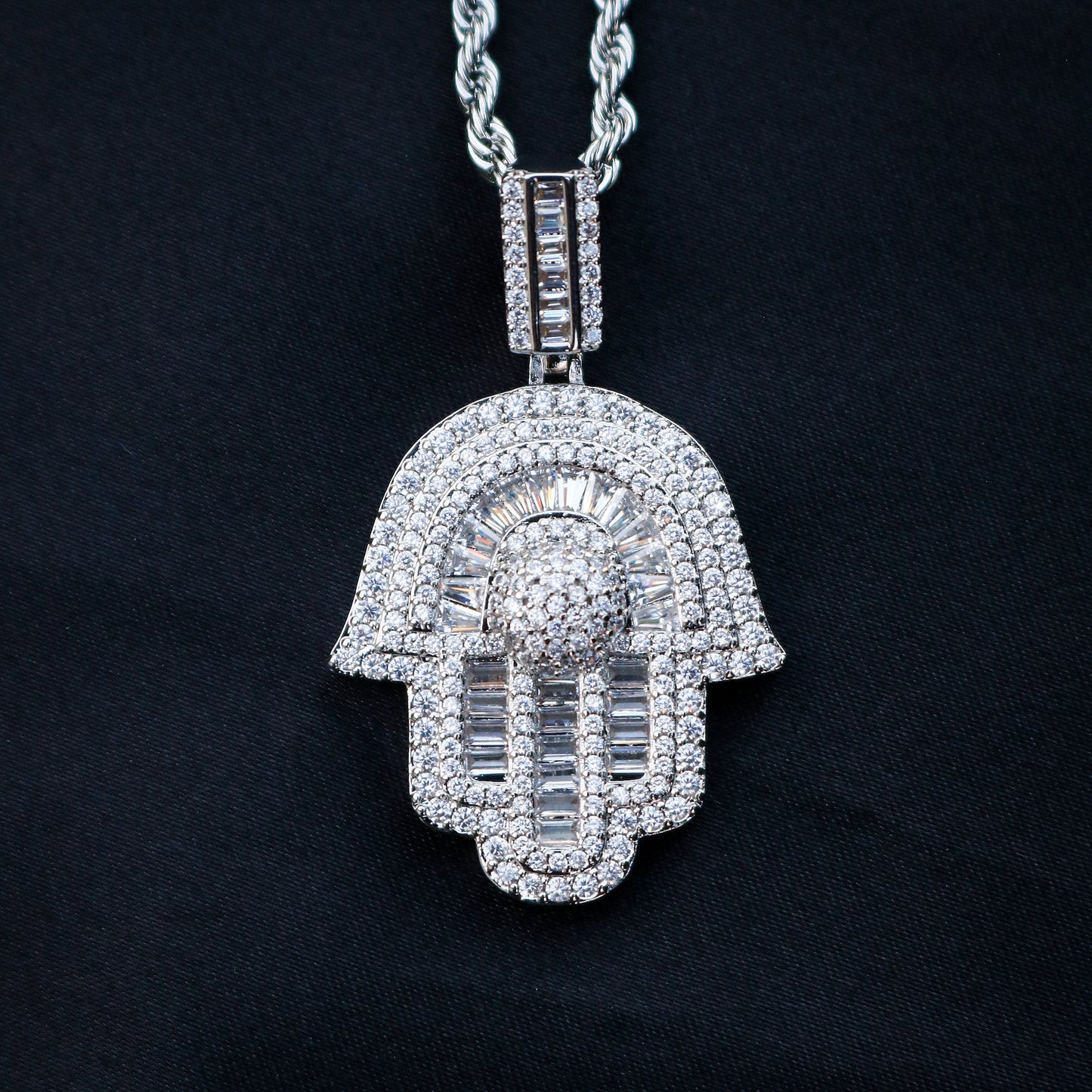Iced out Hamsah Baguette Pendant - White Gold