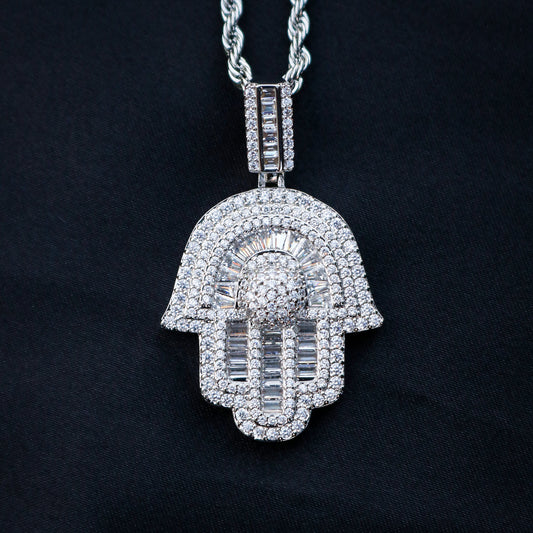 Iced out Hamsah Baguette Pendant - White Gold