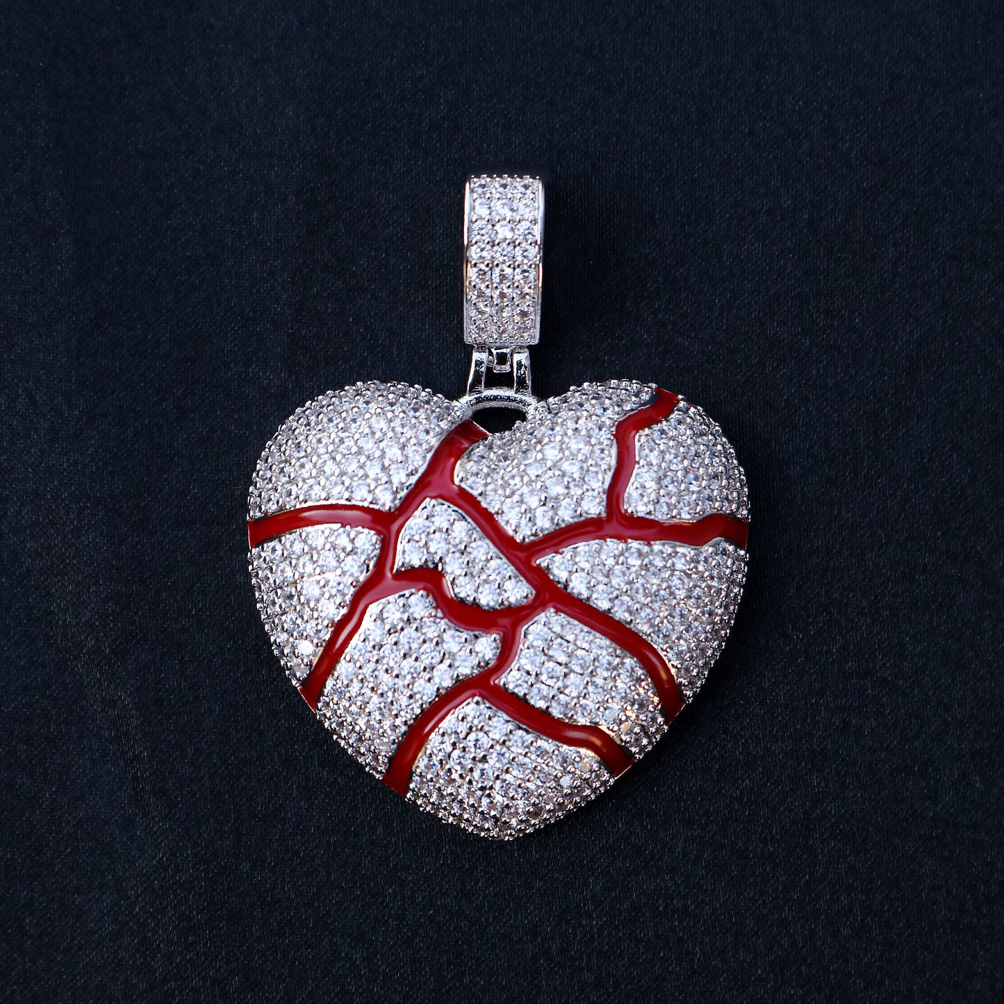 Iced Broken Heart Red Enamel Pendant - White Gold