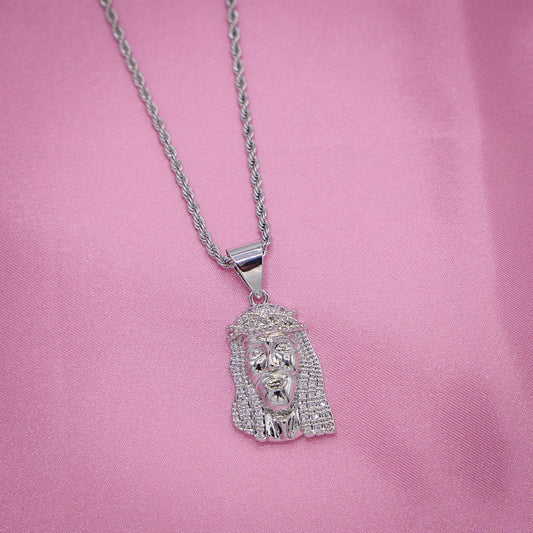 Jesus Head Necklace - White Gold