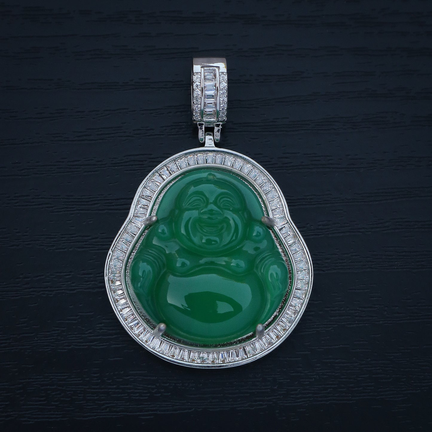 Green Buddha Baguette Pendant - White Gold
