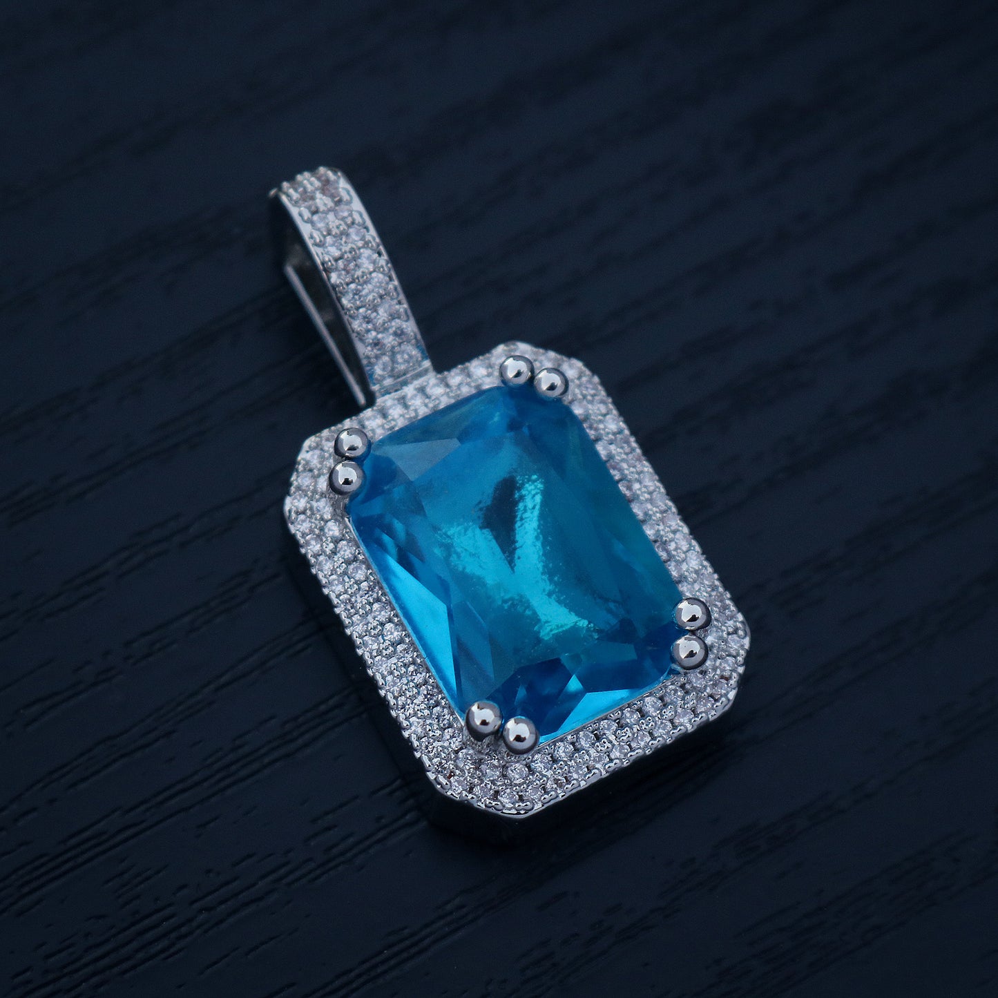 Iced Blue Stone Pendant - White Gold