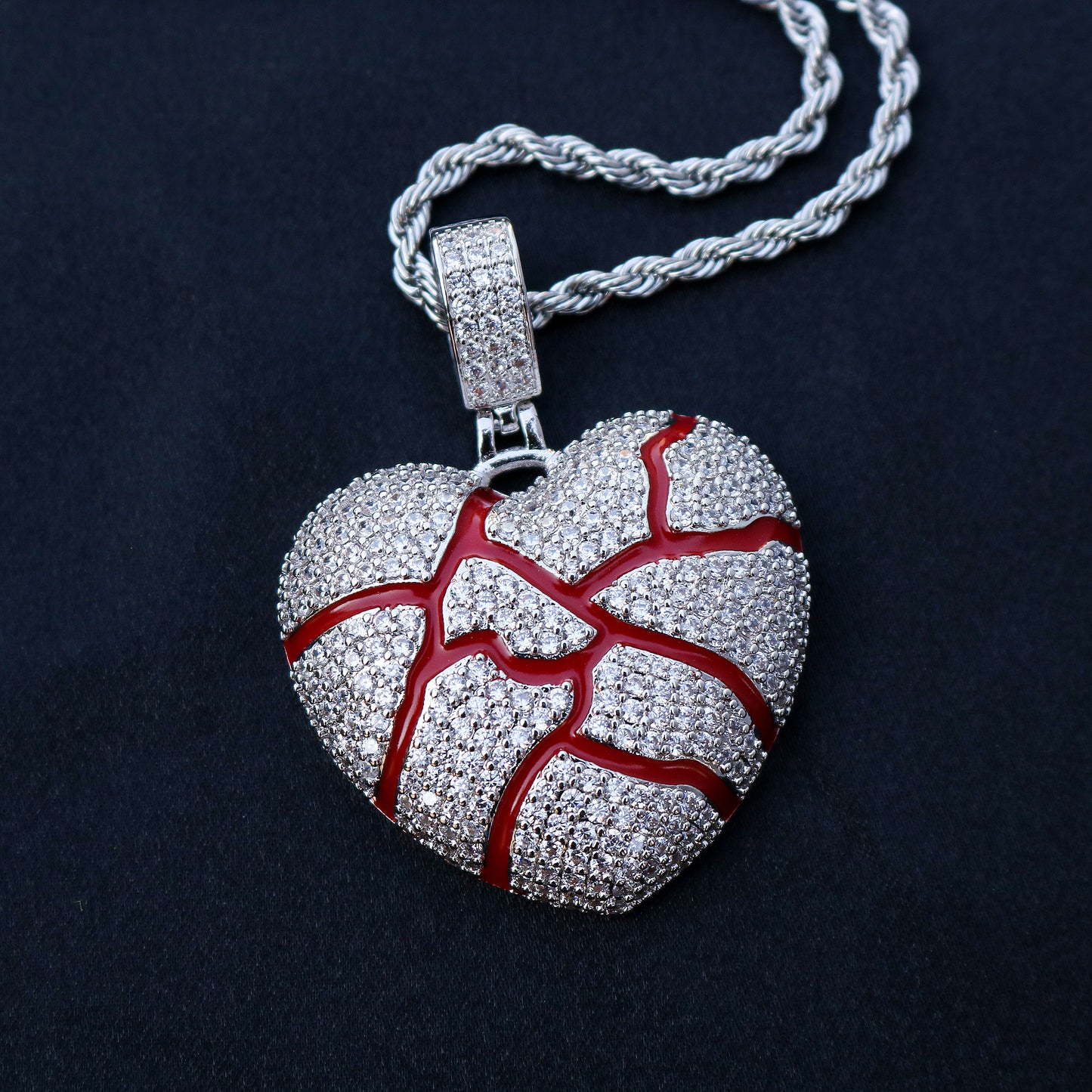Iced Broken Heart Red Enamel Pendant - White Gold