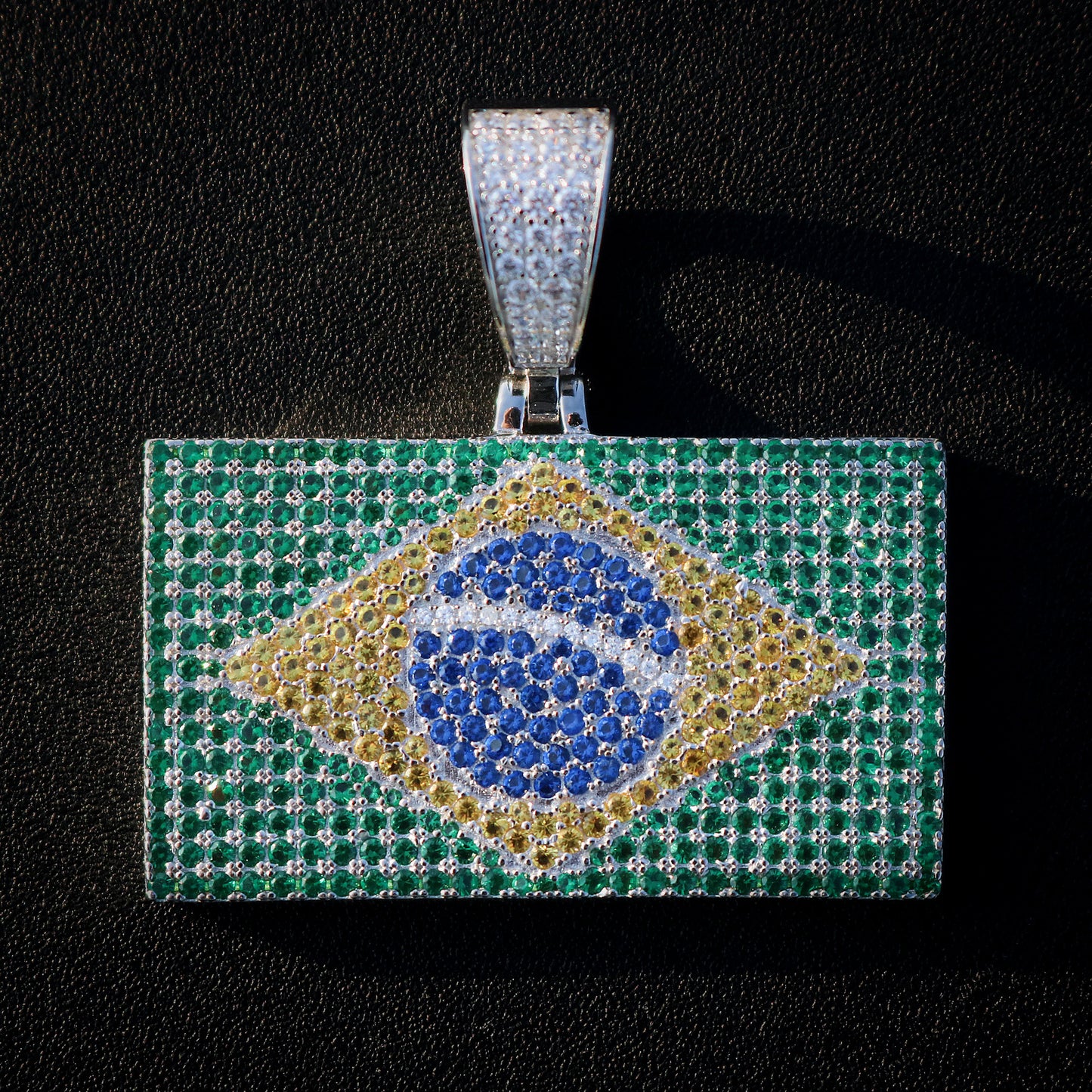 Iced Out Brazil Flag Pendant - 925 Silver
