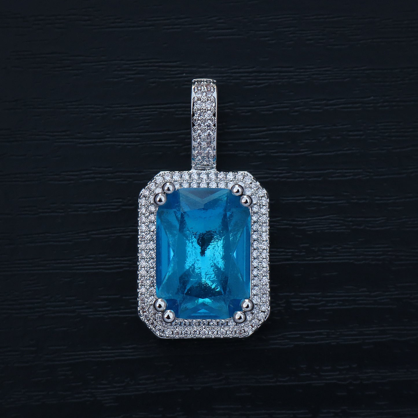 Iced Blue Stone Pendant - White Gold