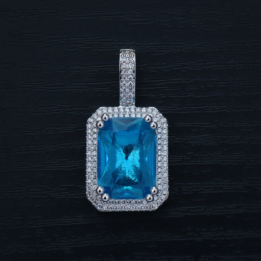 Iced Blue Stone Pendant - White Gold