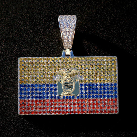 Iced Out Ecuador Flag Pendant - 925 Silver