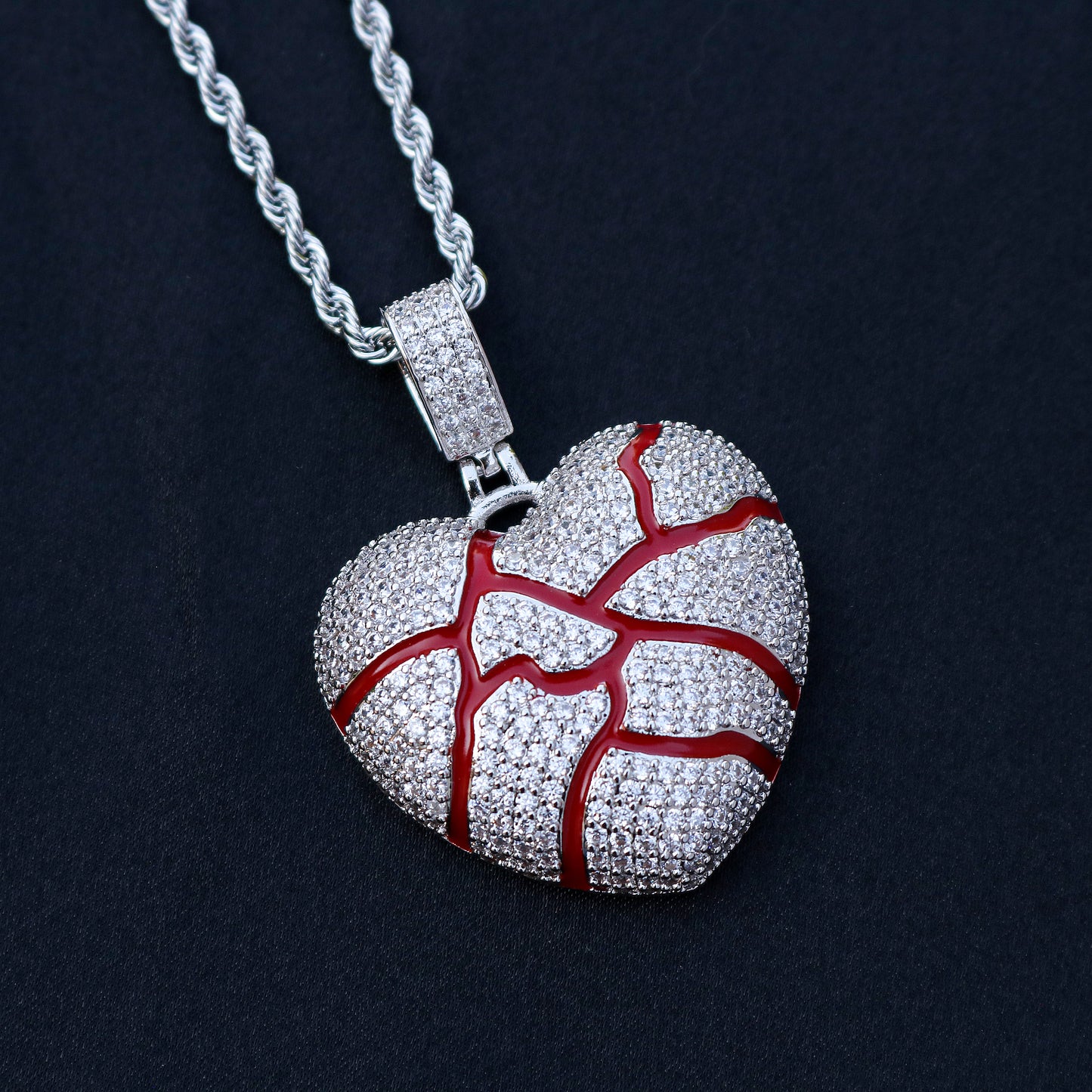 Iced Broken Heart Red Enamel Pendant - White Gold