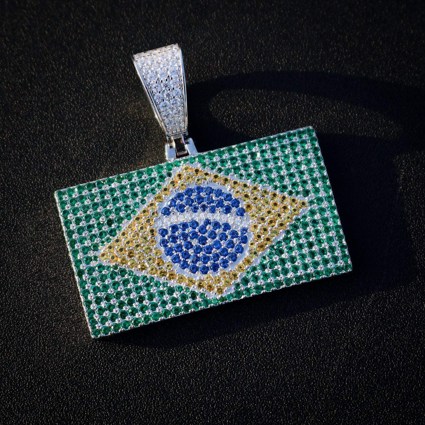 Iced Out Brazil Flag Pendant - 925 Silver
