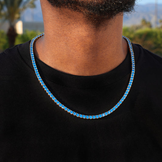 4mm Blue Tennis Chain - Gold