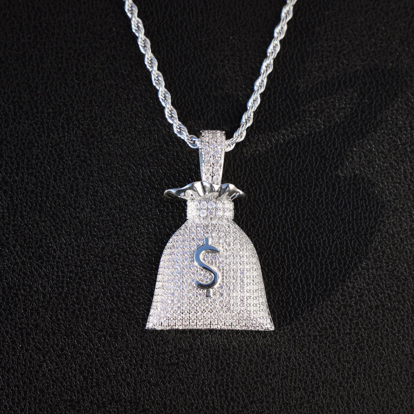 Iced Out Money Bag Pendant - White Gold