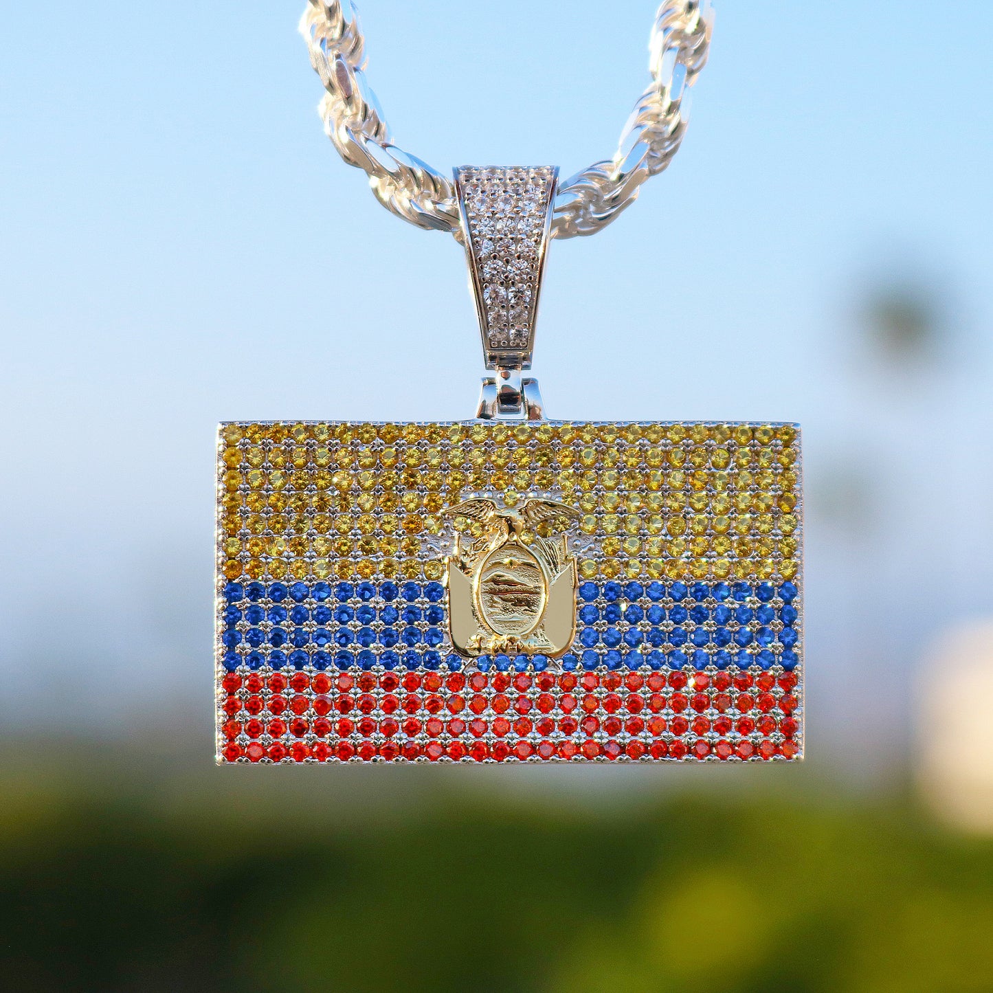 Iced Out Ecuador Flag Pendant - 925 Silver