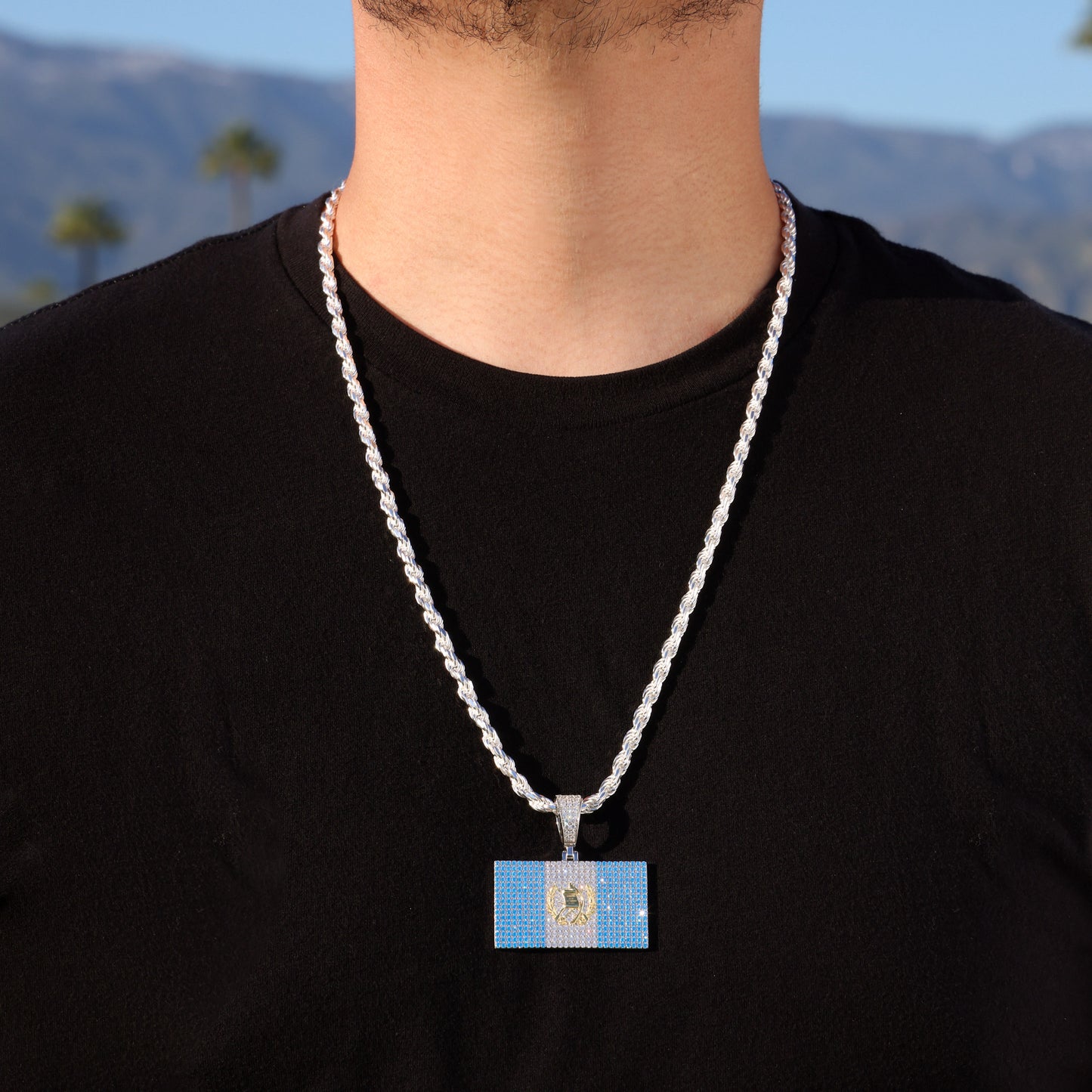 Iced Out Guatemala Flag Pendant - 925 Silver