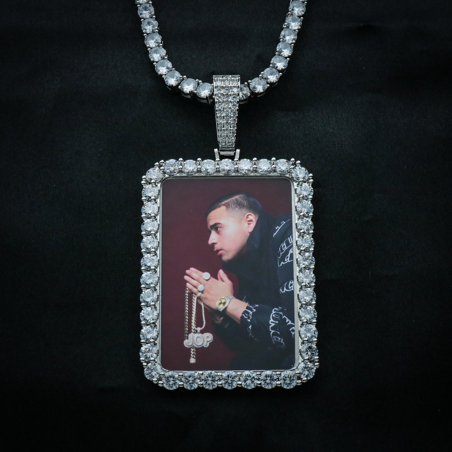 Custom Rectangle Photo Pendant - White Gold