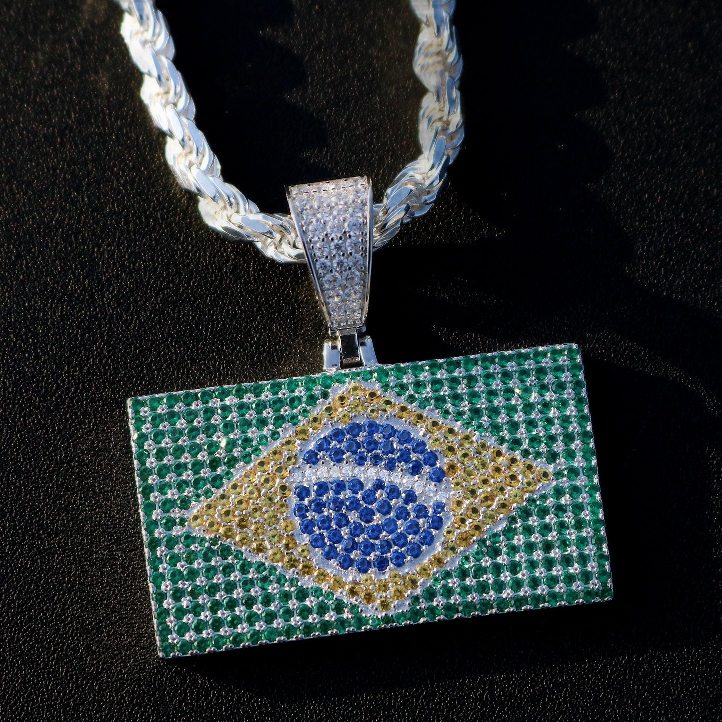 Iced Out Brazil Flag Pendant - 925 Silver