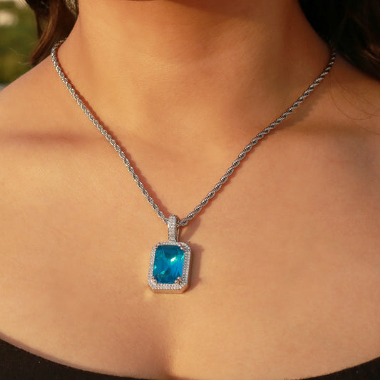 Iced Blue Stone Pendant - White Gold