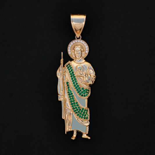 Iced San Judas w/Green Stones Pendant - 14k Gold