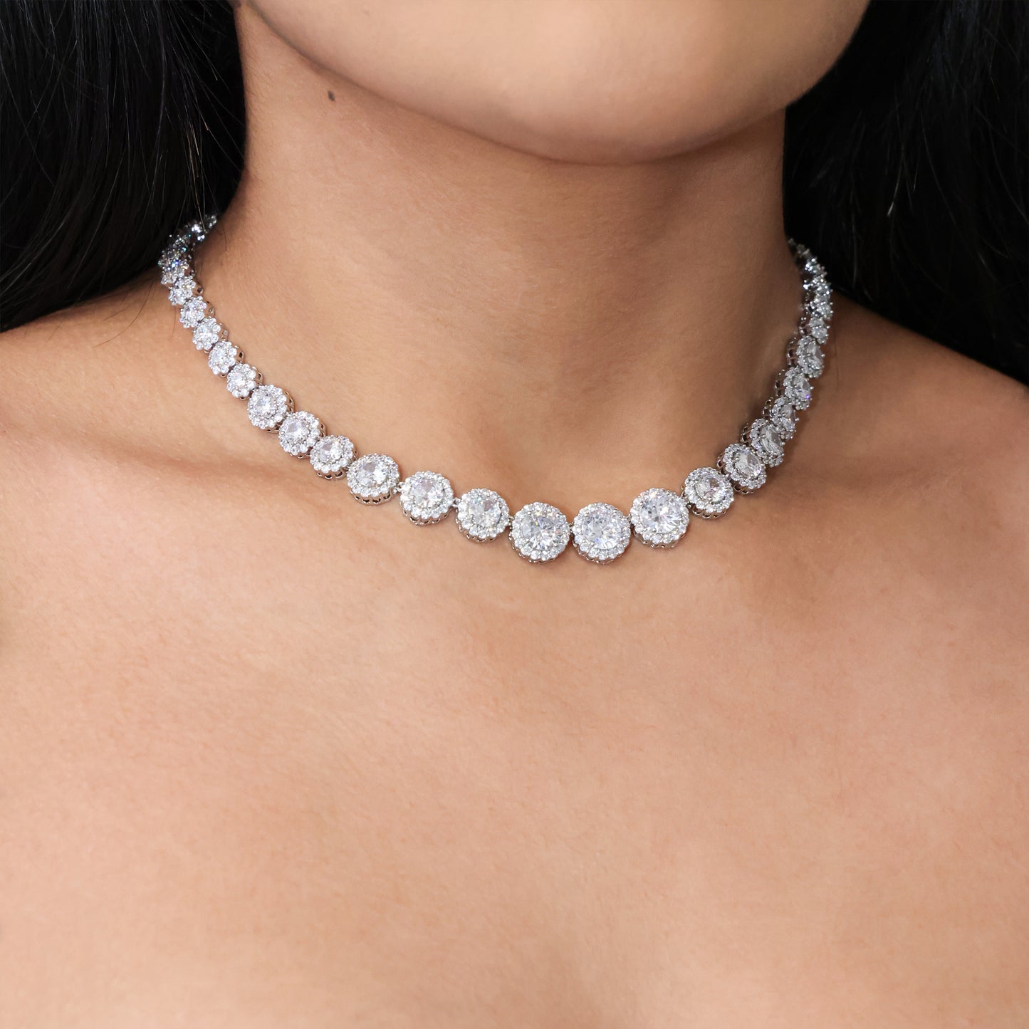 Graduated Round Clustered Tennis Necklace - White Gold