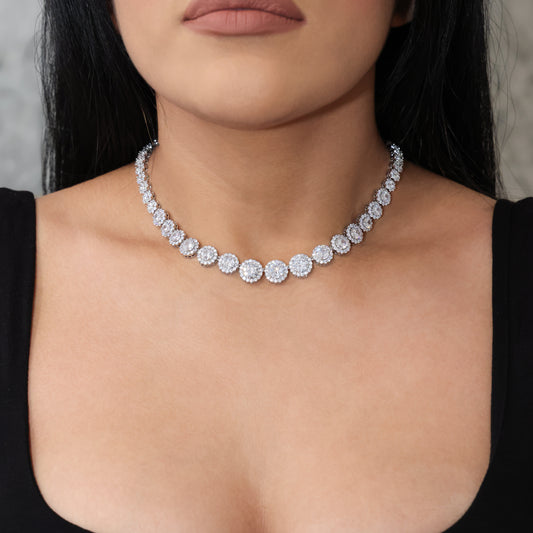 Graduated Round Clustered Tennis Necklace - White Gold