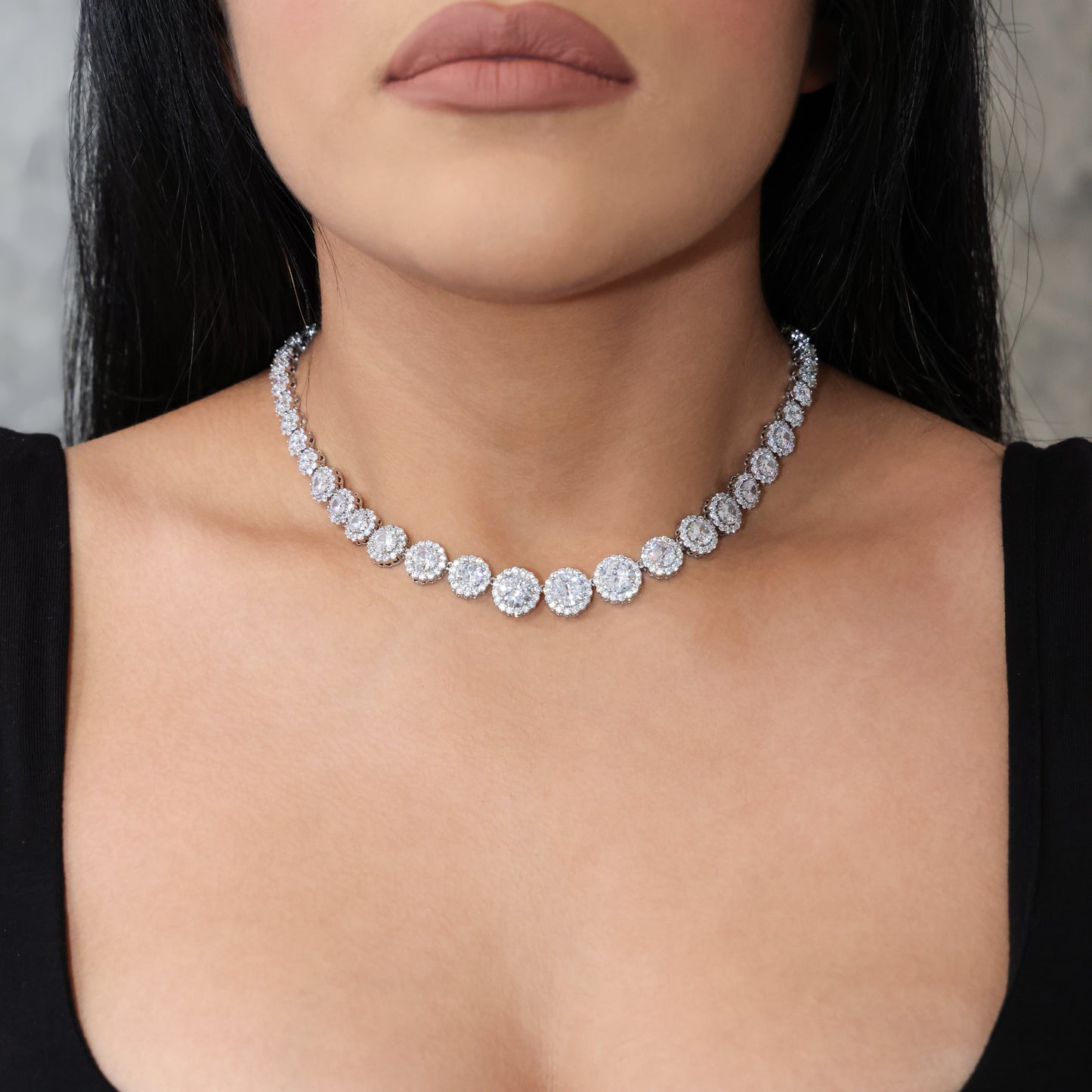 Graduated Round Clustered Tennis Necklace - White Gold