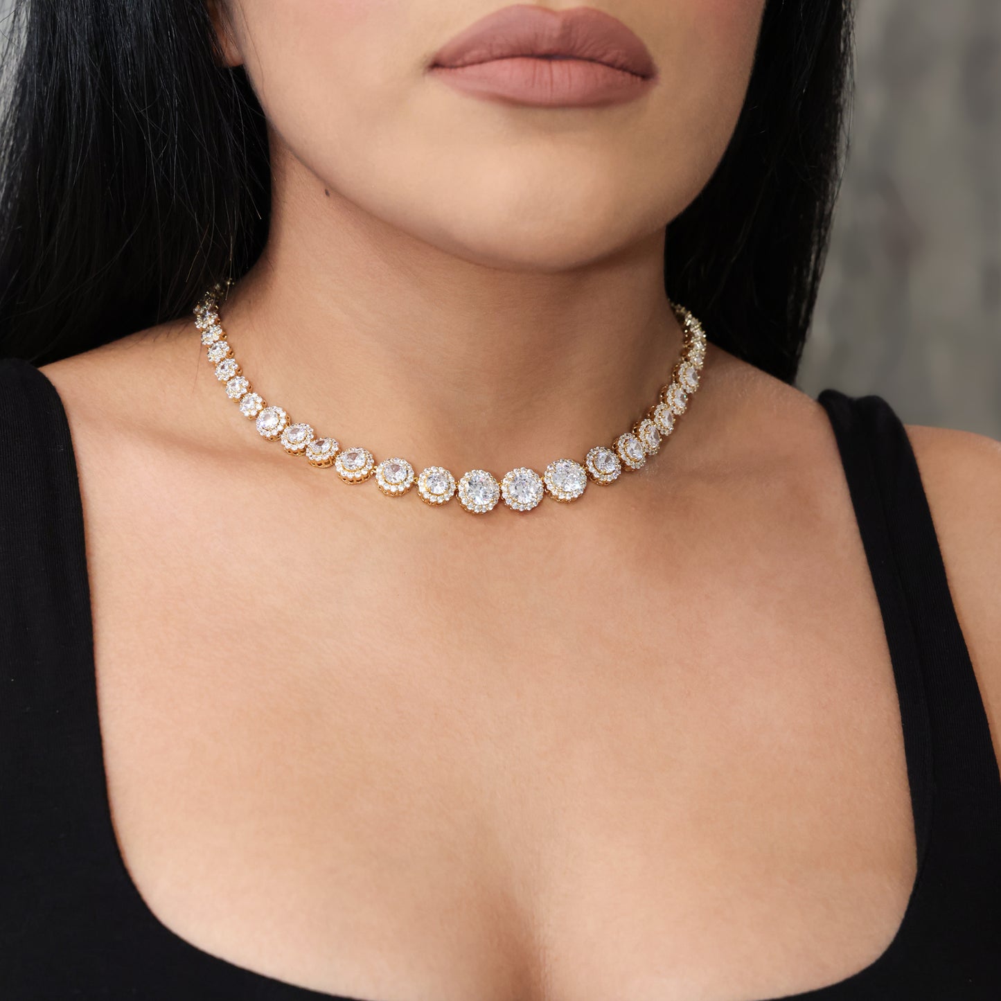 Graduated Round Clustered Tennis Necklace - Gold