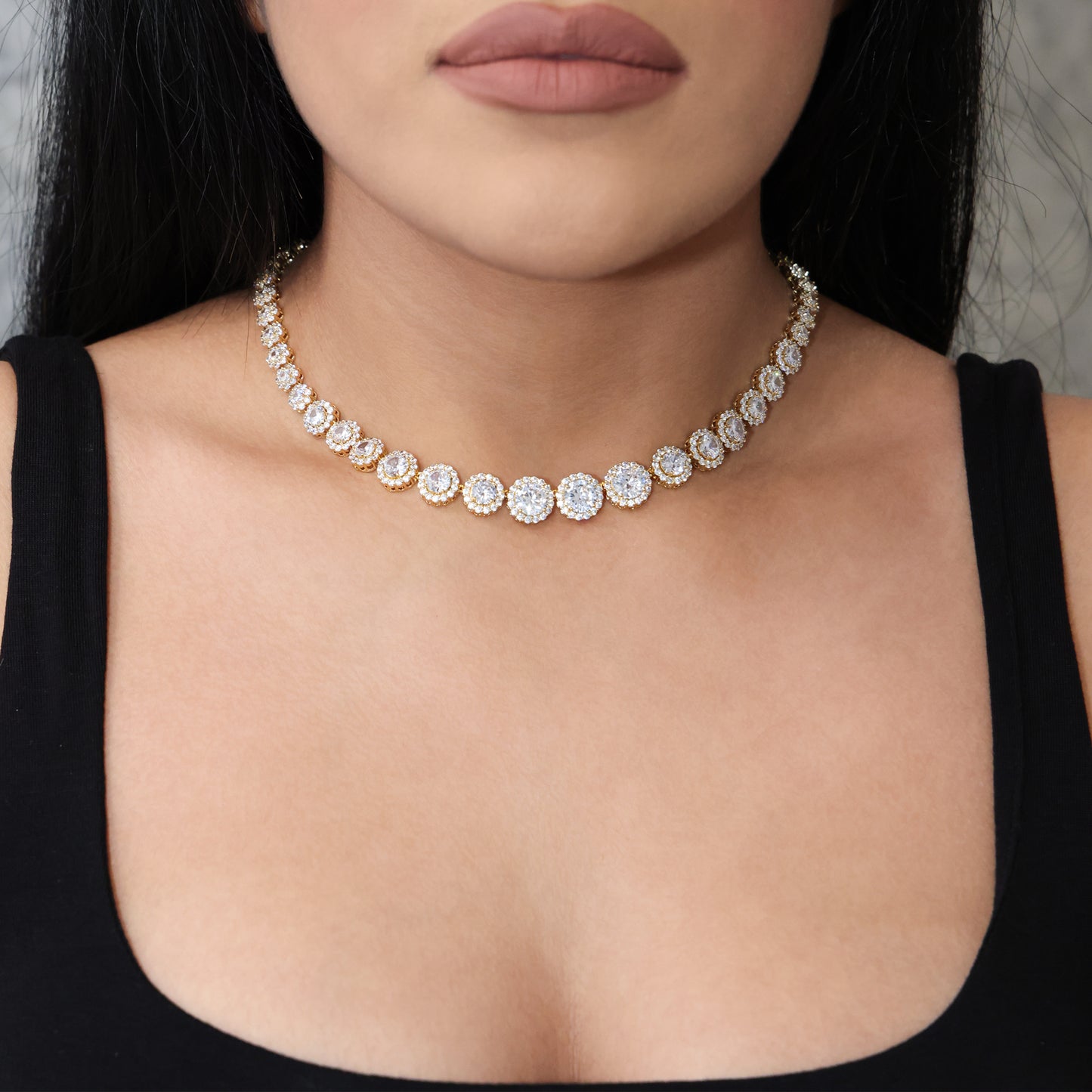 Graduated Round Clustered Tennis Necklace - Gold