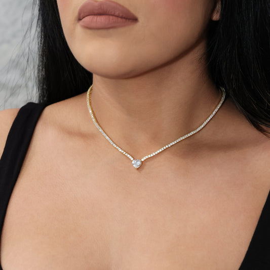 Micro Heart Tennis Necklace - Gold