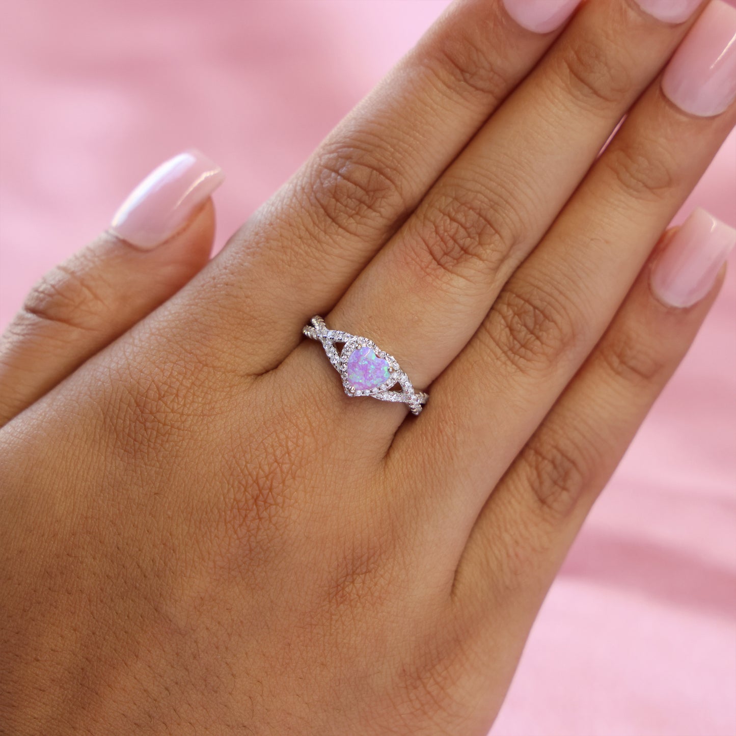Pink Lab Opal Heart Infinity Diamond Ring - 925 Silver
