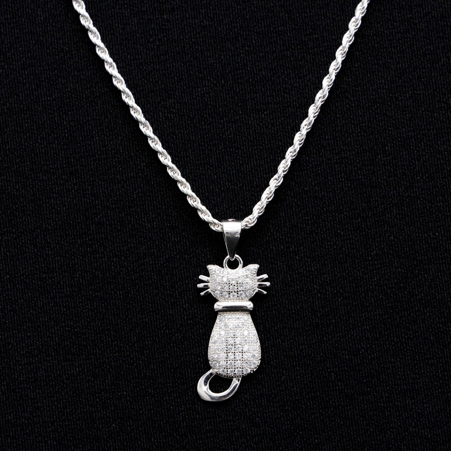 Small Iced Cat Pendant - 925 Silver