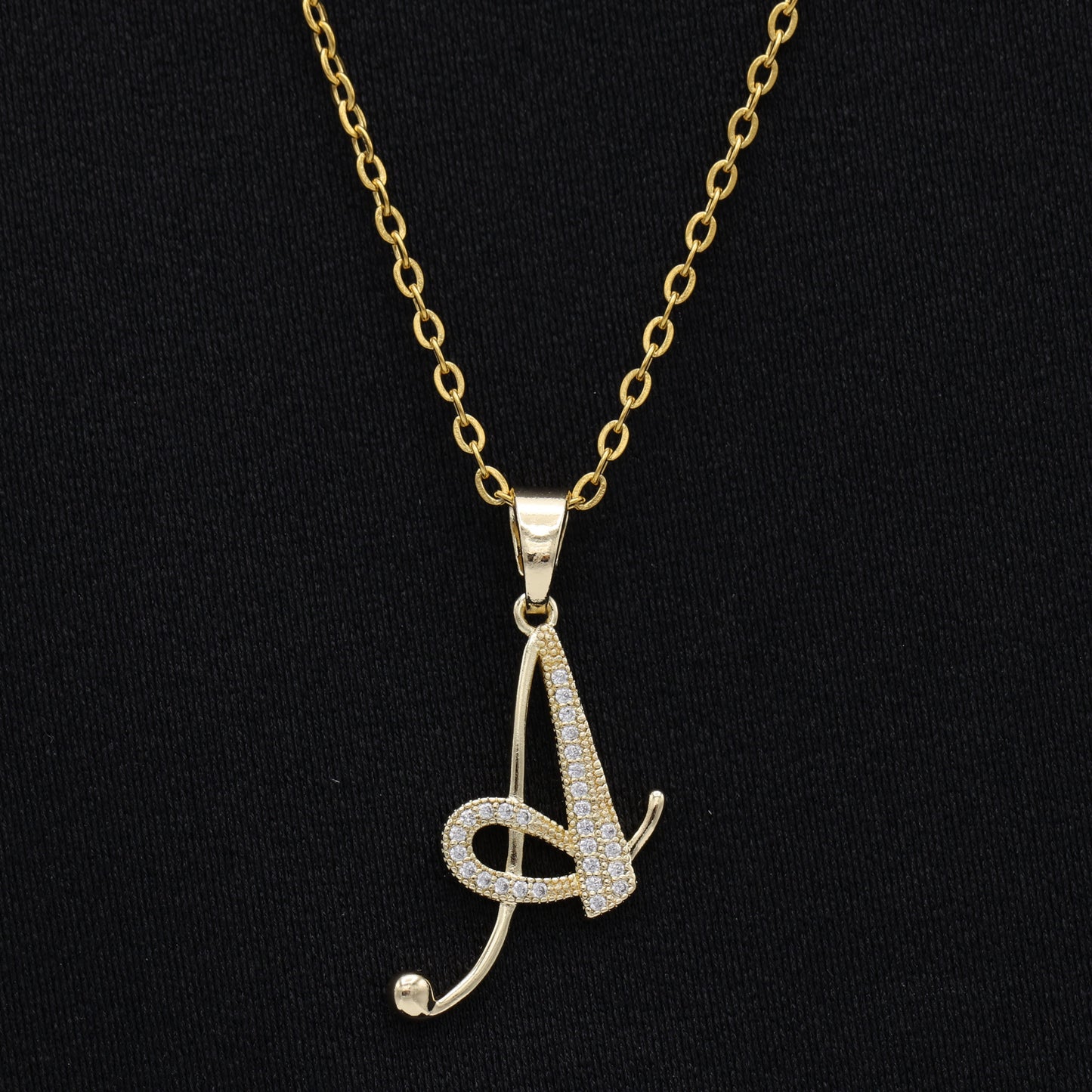 Iced Initial Cursive Letter Necklace - Gold