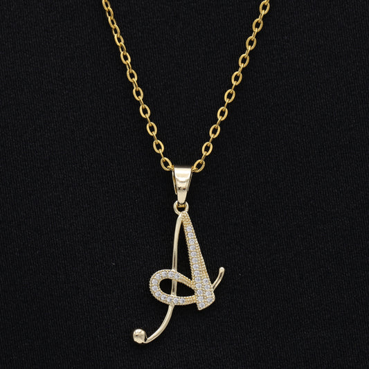 Iced Initial Cursive Letter Necklace - Gold
