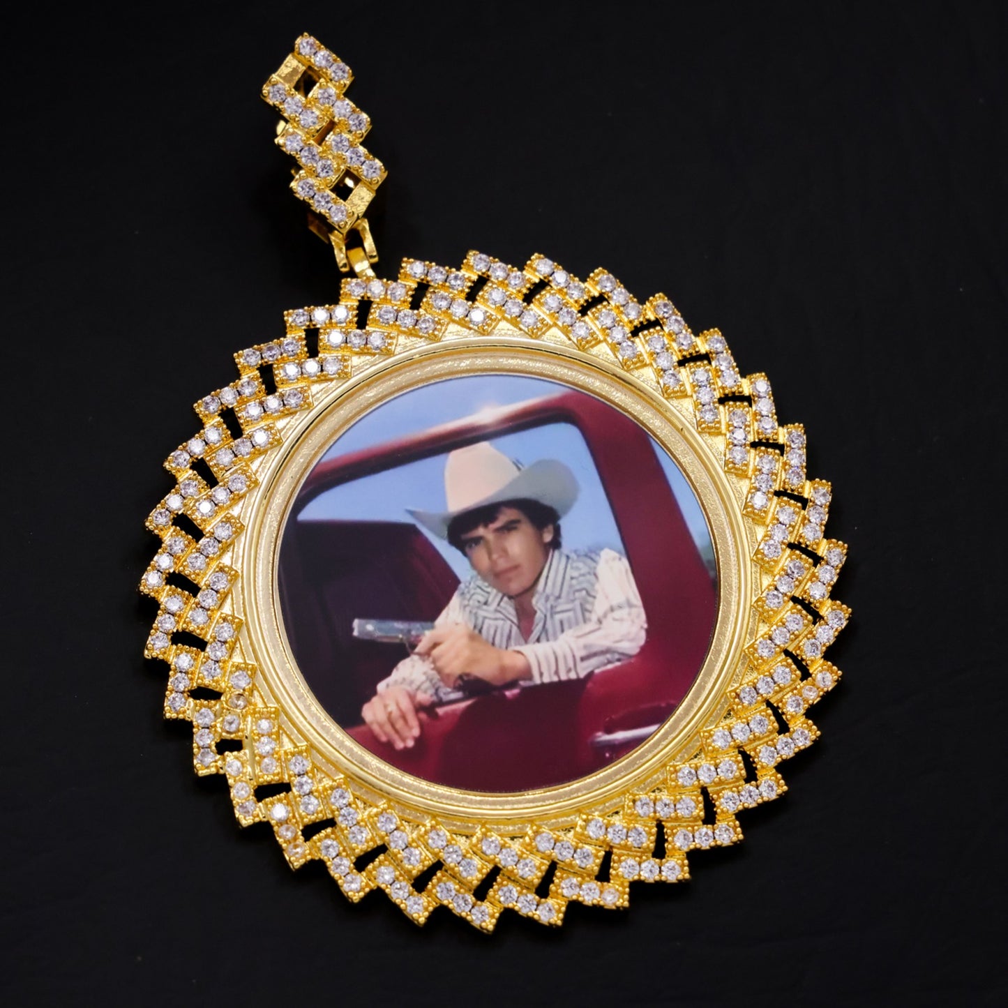 Custom Iced Prong Cuban Bezel Photo Pendant - Gold