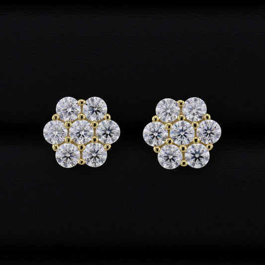 12mm Iced out Moissanite Flower Stud Earrings - Gold over 925 Silver