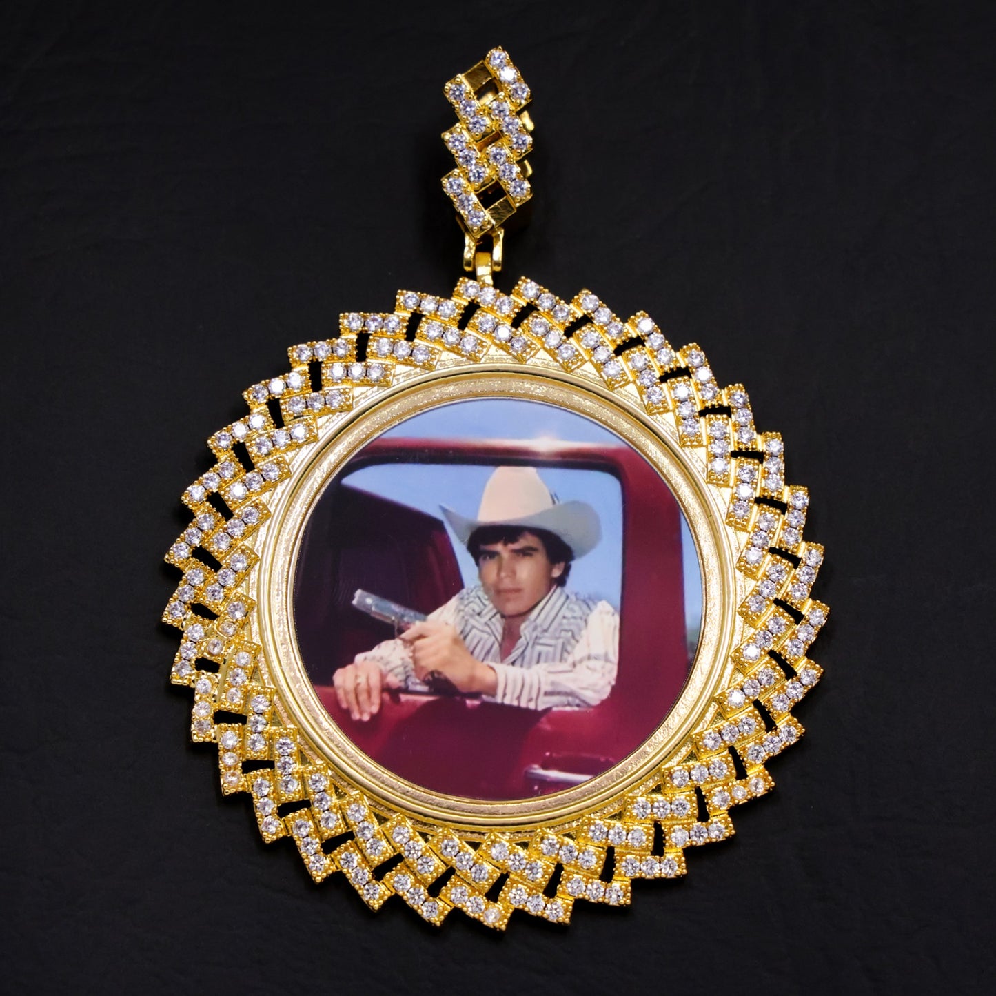 Custom Iced Prong Cuban Bezel Photo Pendant - Gold
