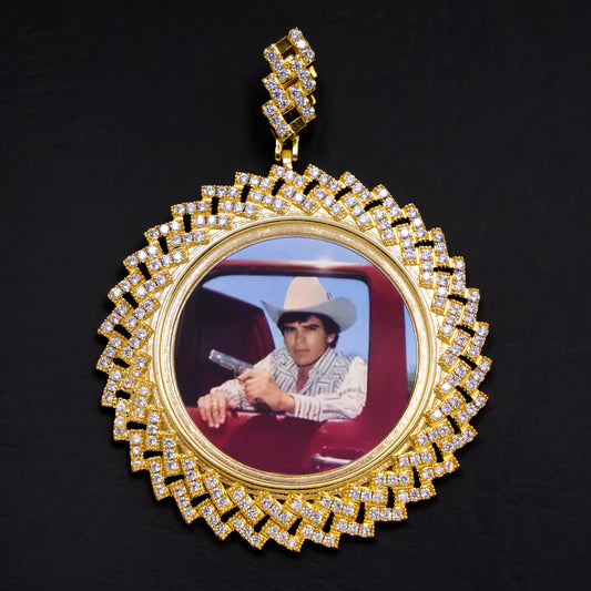 Custom Iced Prong Cuban Bezel Photo Pendant - Gold