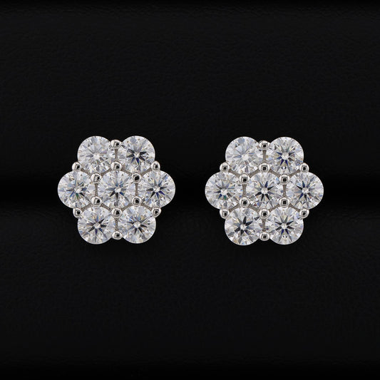 12mm Iced out Moissanite Flower Stud Earrings - 925