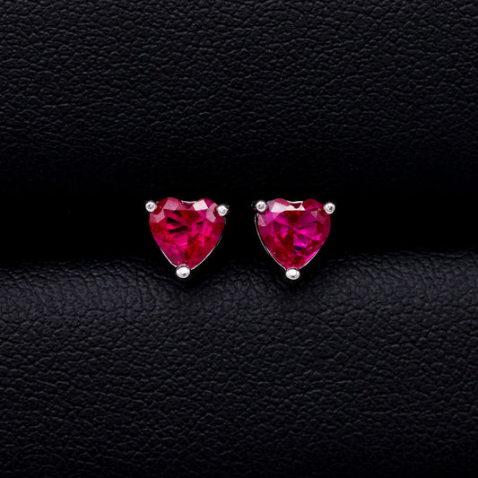 5mm Heart Cut Ruby CZ Diamond Stud Earrings - 925 Silver