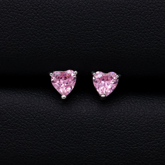 5mm Pink Heart Cut CZ Diamond Stud Earrings - 925 Silver