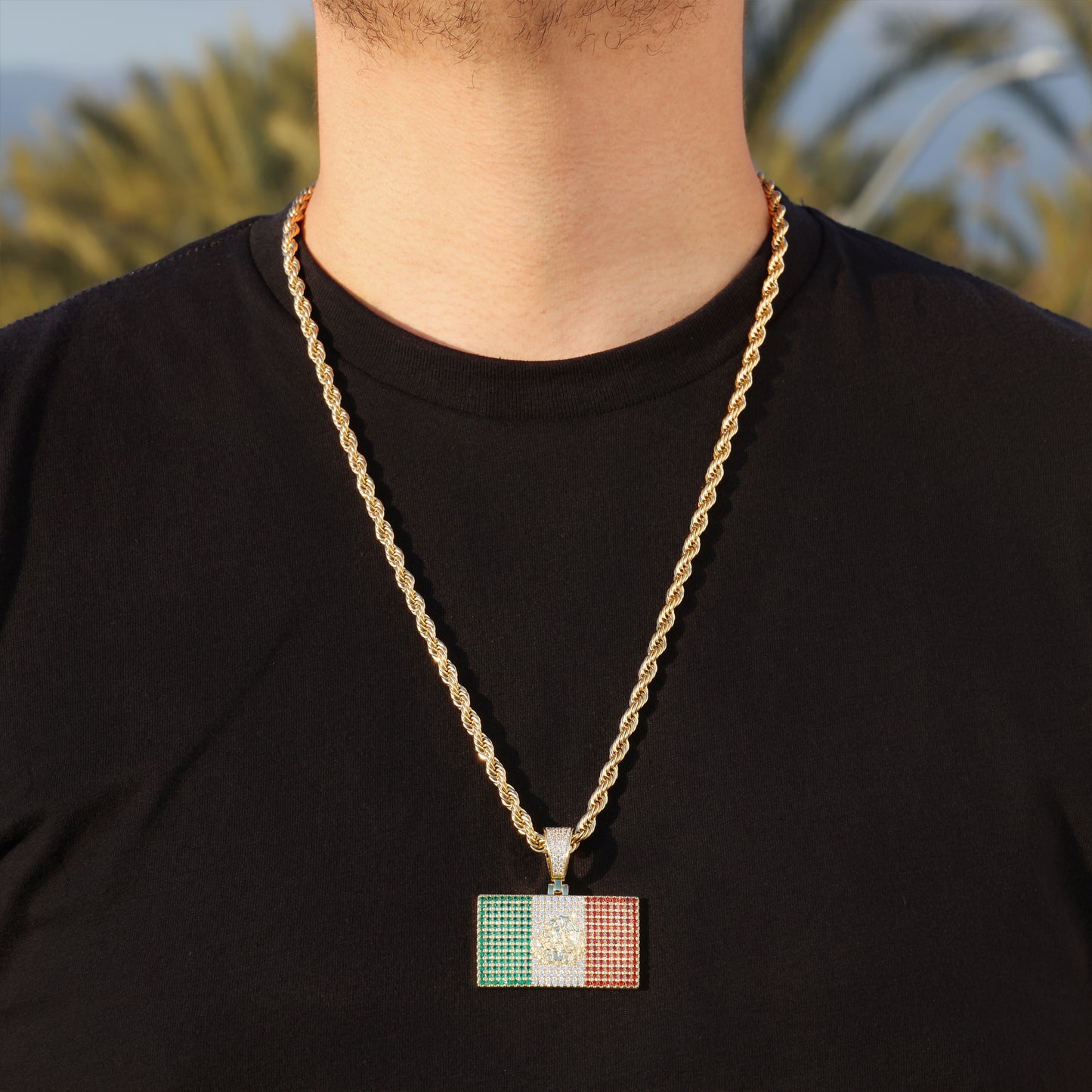 Iced Out Mexican Flag Pendant - Gold