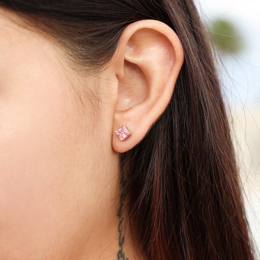 5mm Square Cut Pink CZ Stud Earrings - 925 Silver