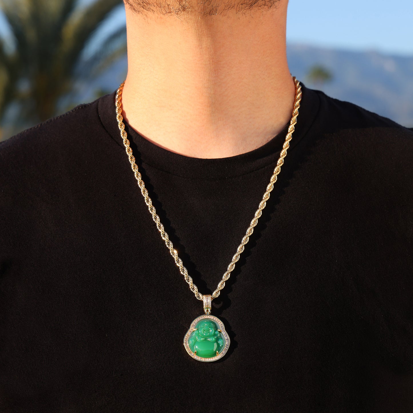 Green Buddha Baguette Pendant - Gold