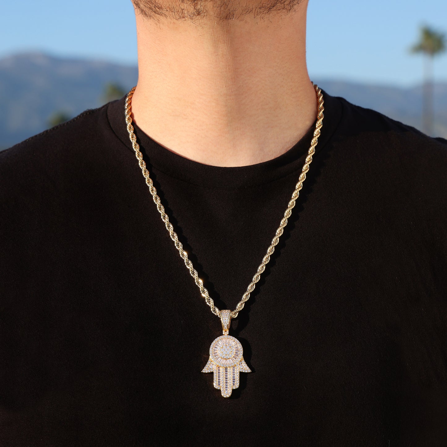 Large Fully Iced out Baguette Hamsah Pendant - Gold
