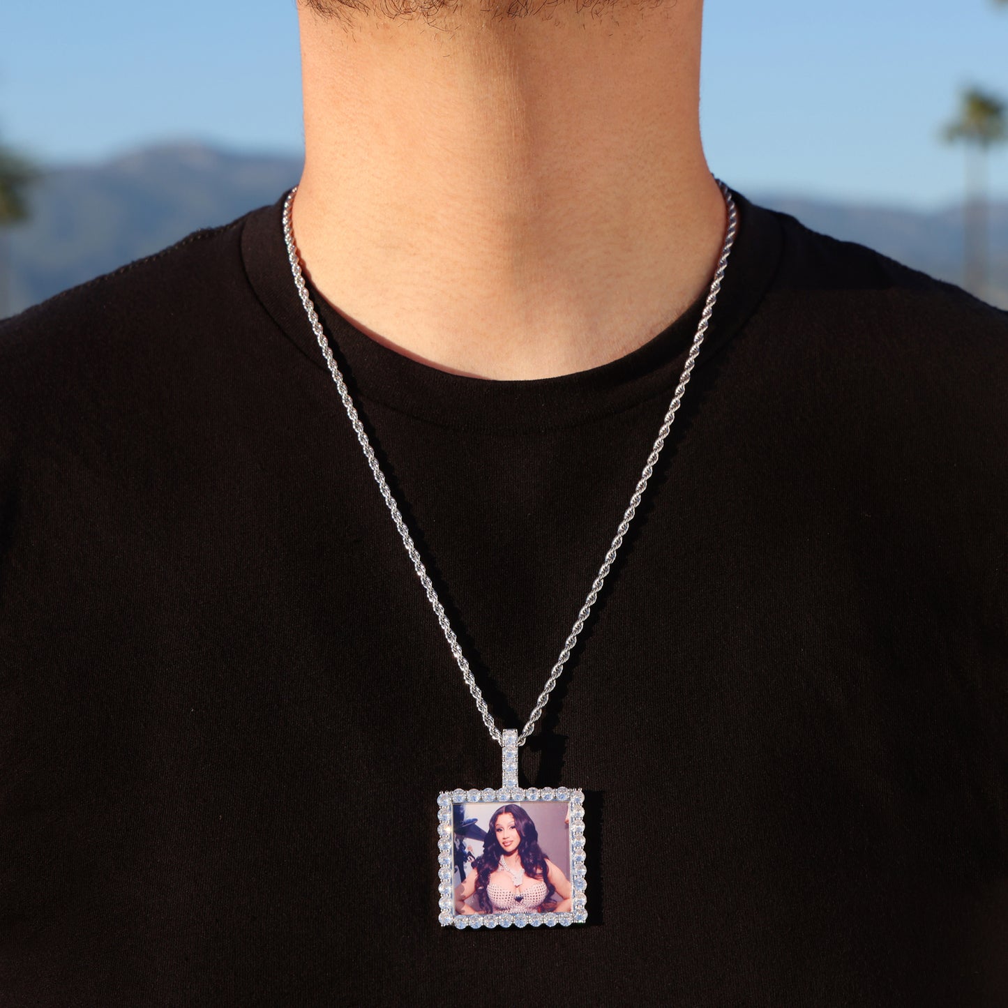 Custom Square Photo Pendant - White Gold